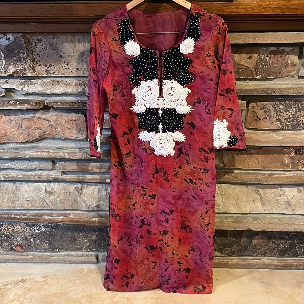 Red and Black Chiffon Kurti with Black and White Sequin Applique